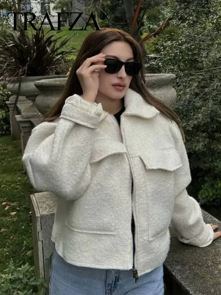 TRAFZA Women Elegant Solid Coat With Front Flap Pocket Zipper Long Sleeve Bomber Jacket 2024 Autumn Winter Casual Y2K Outerwear