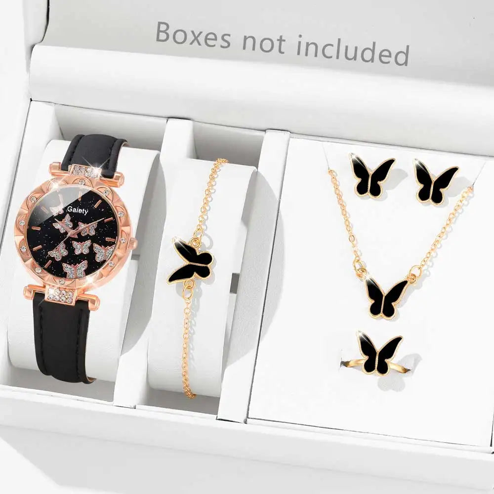 6PCS Women's Watch Set Trendy Versatile Butterfly Elements Quartz Watch Bracelet Necklace Earrings Ring Set Perfect Gift for Her