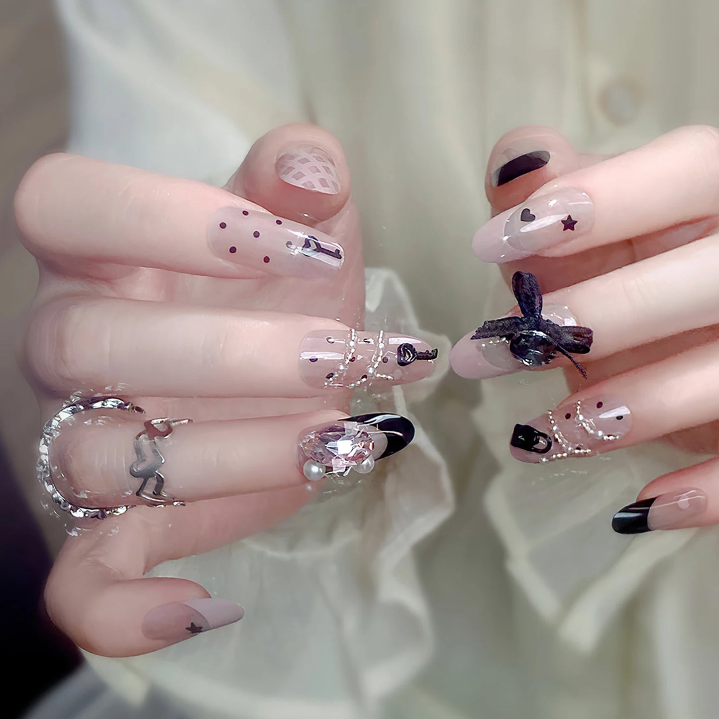 Light Blue Fake Nails Long Ballerina Press on Nails Blue Flower Butterfly Designs Korean Fashion Bride Wedding Charms Nails Art