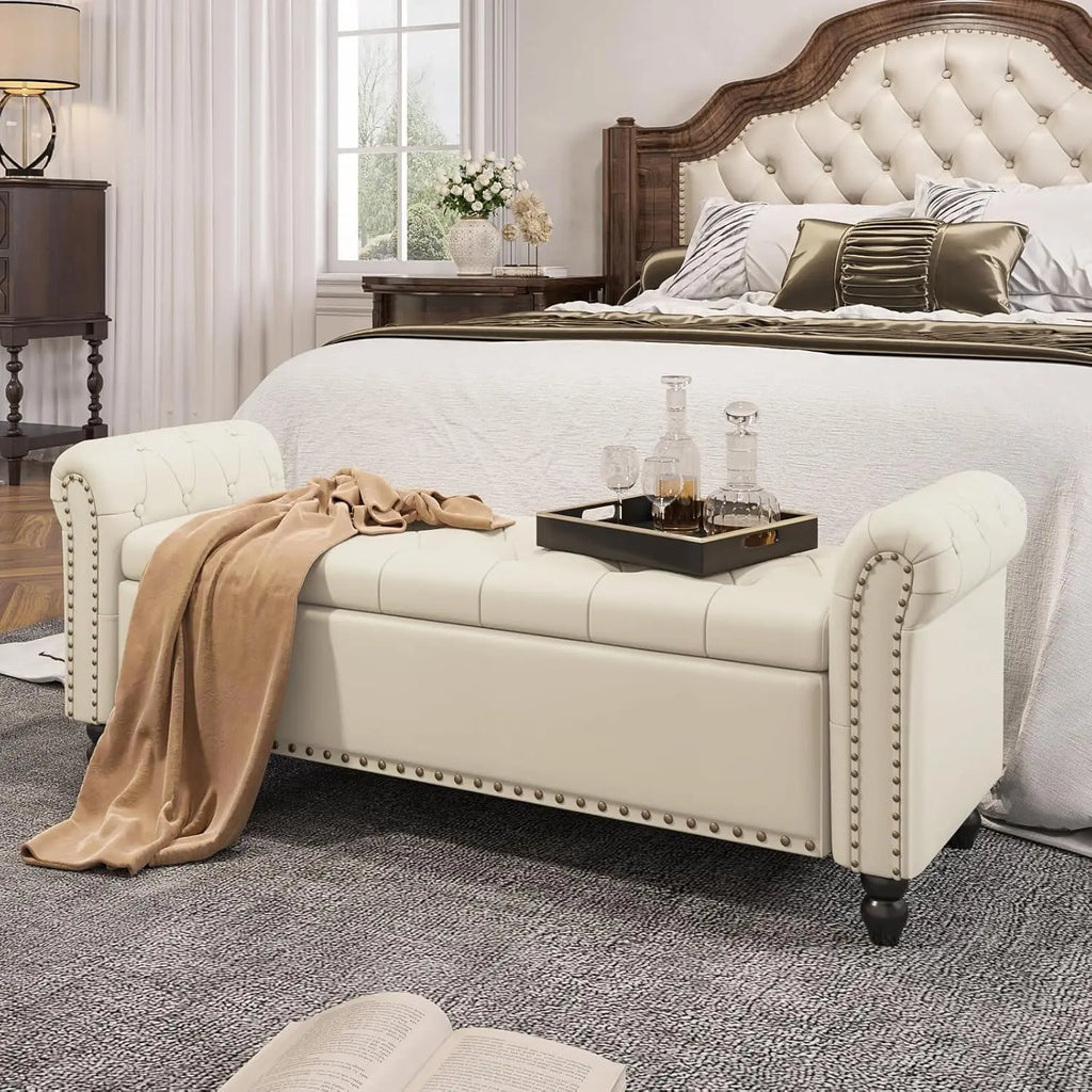 Bedroom Bench, End of Bed Bench with Storage, Bed Benches for Foot of Bed, Faux Leather Window Bench with Rolled