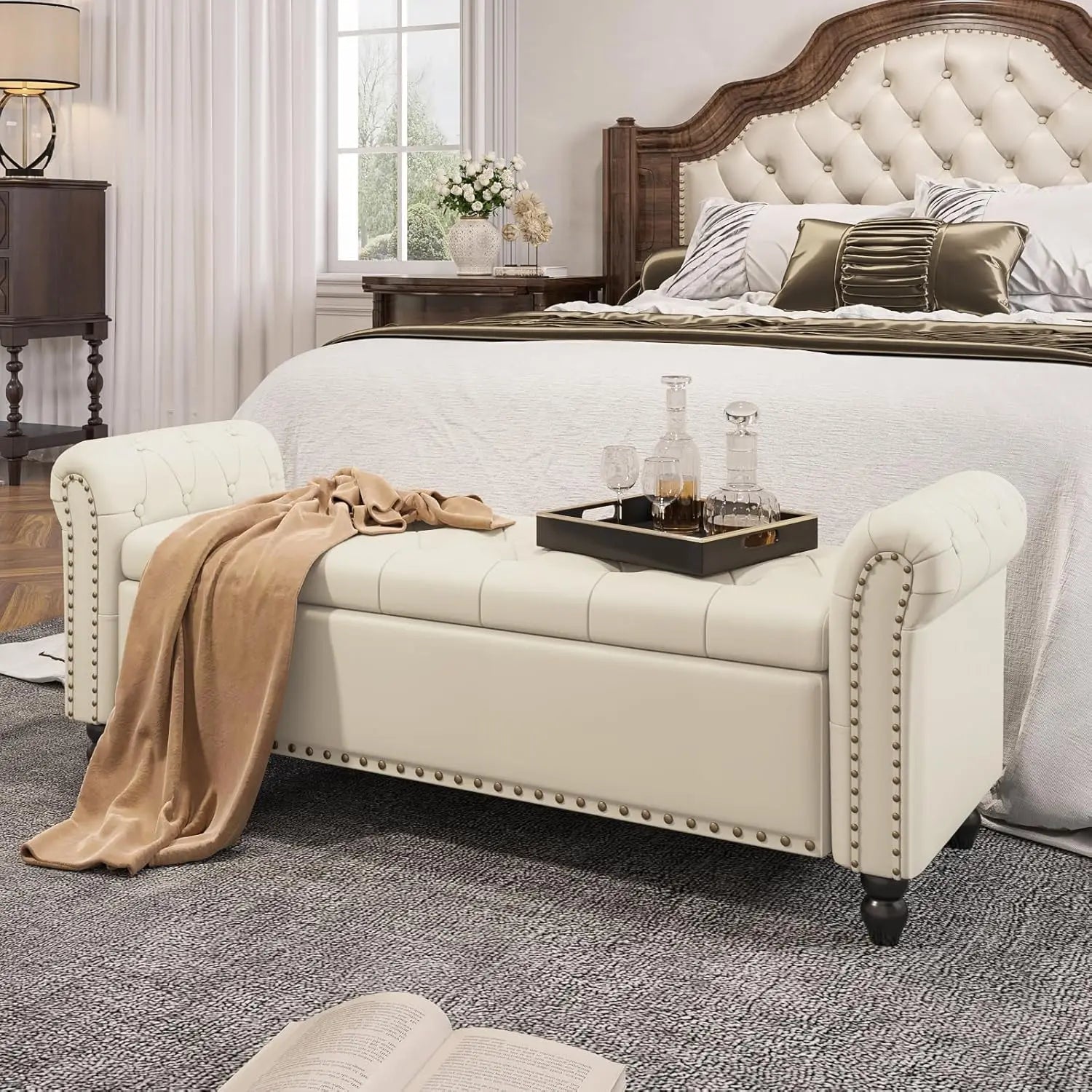 Bedroom Bench, End of Bed Bench with Storage, Bed Benches for Foot of Bed, Faux Leather Window Bench with Rolled