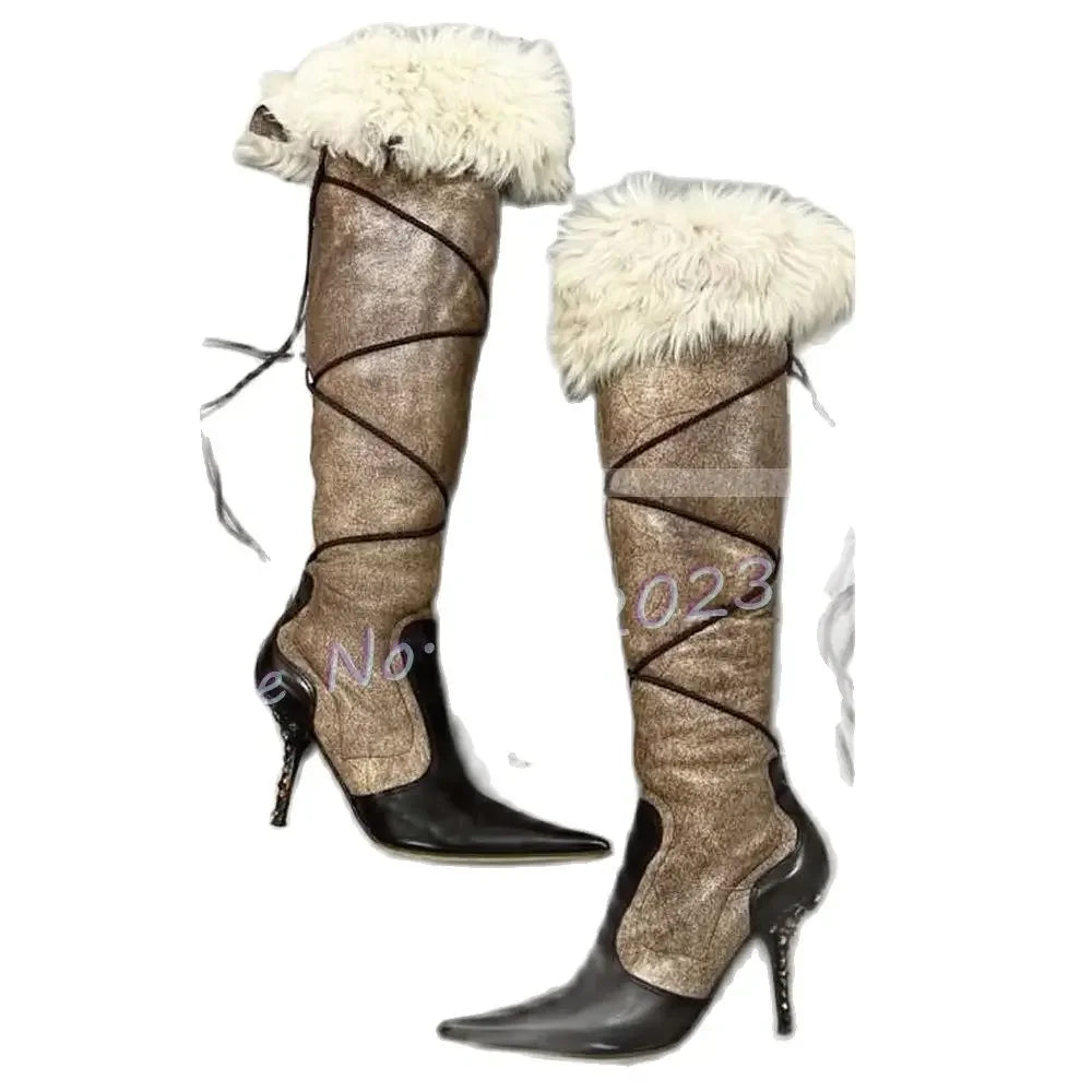 Pointy Fur Wrap High Boots Women New In Cross-tied Leather Splicing Fahion Grey Shoes Elegant Ladies Studded Knee High Boots