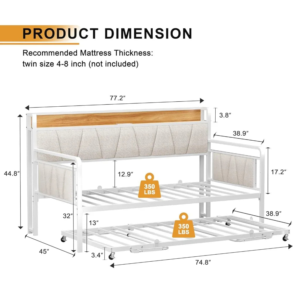 Twin Daybed with Trundle, Modern Twin Size Sofa Day Bed, Sturdy Metal Bed Frame with Upholstered Headboard for Living Room, Bedr