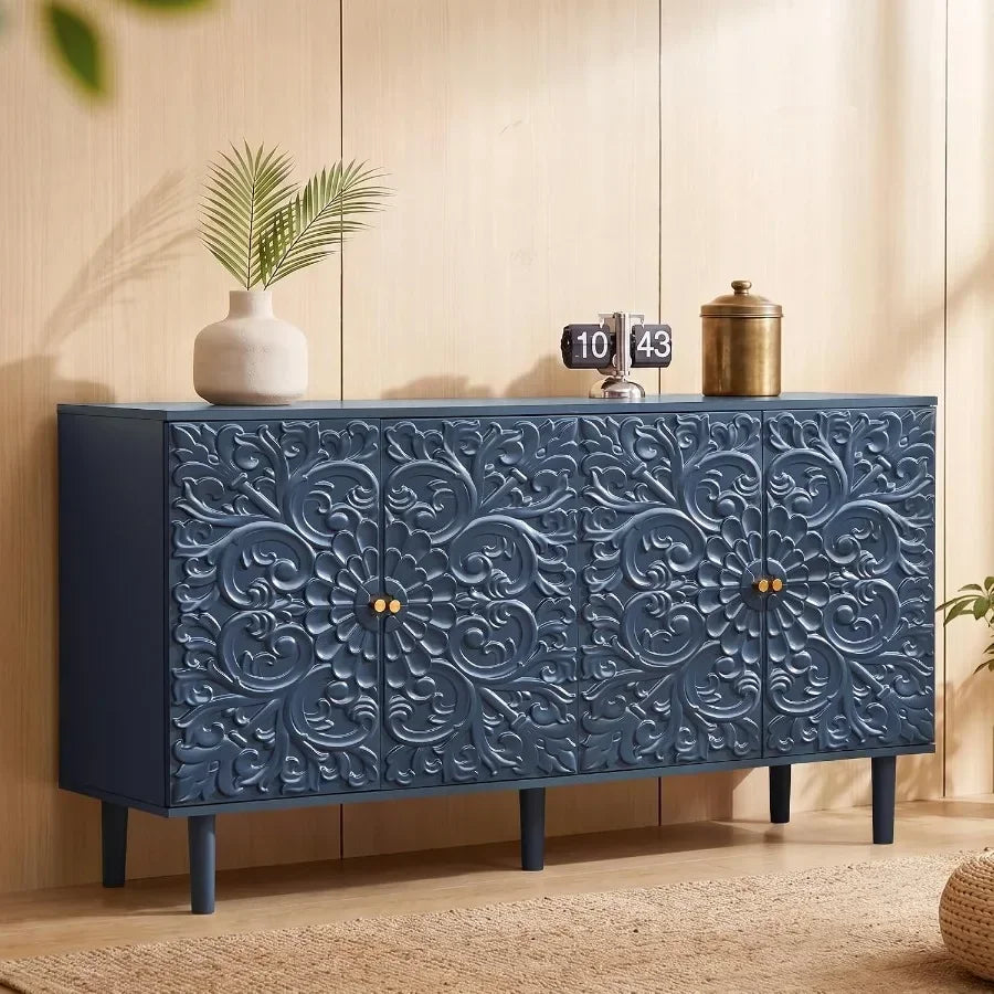 59 Buffet Cabinet with Storage for Dining Room, Midnight Blue Floral Embossed Metal Sideboard with Rust-Resistant Finish