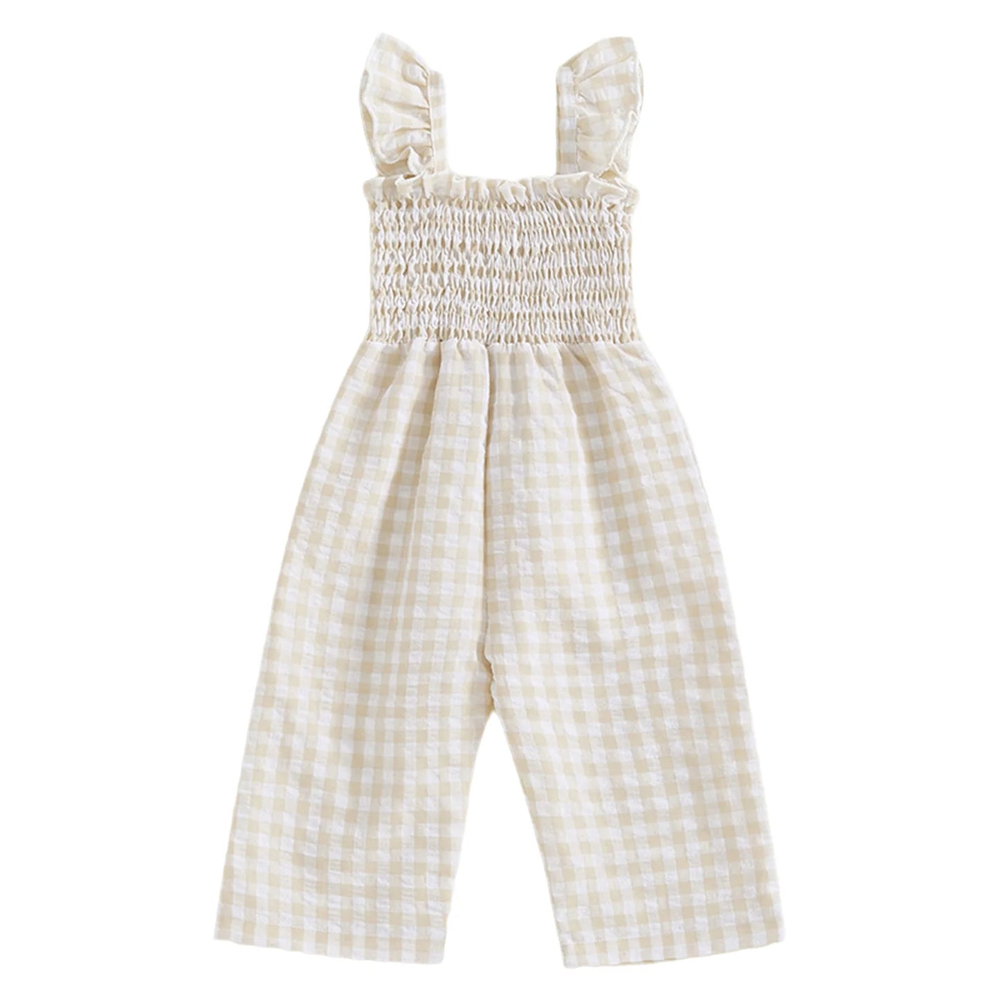 Toddler Baby Girls Summer Clothes Sweet Plaid Bodysuit Fly Sleeves Smocked Rompers Wide Leg Jumpsuit Holiday Party Daily Wear