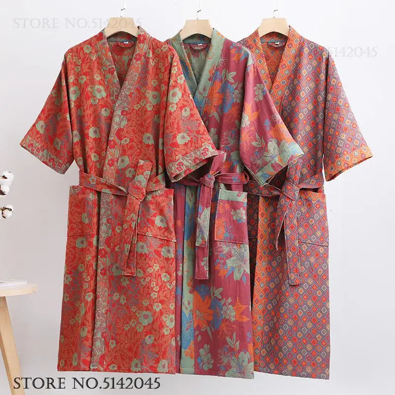 Double Layer Cotton Gauze Long Robe Retro Jacquard Kimono Bathrobe Gown Spring Summer Sleepwear Couple Pijama Loose Lingerie