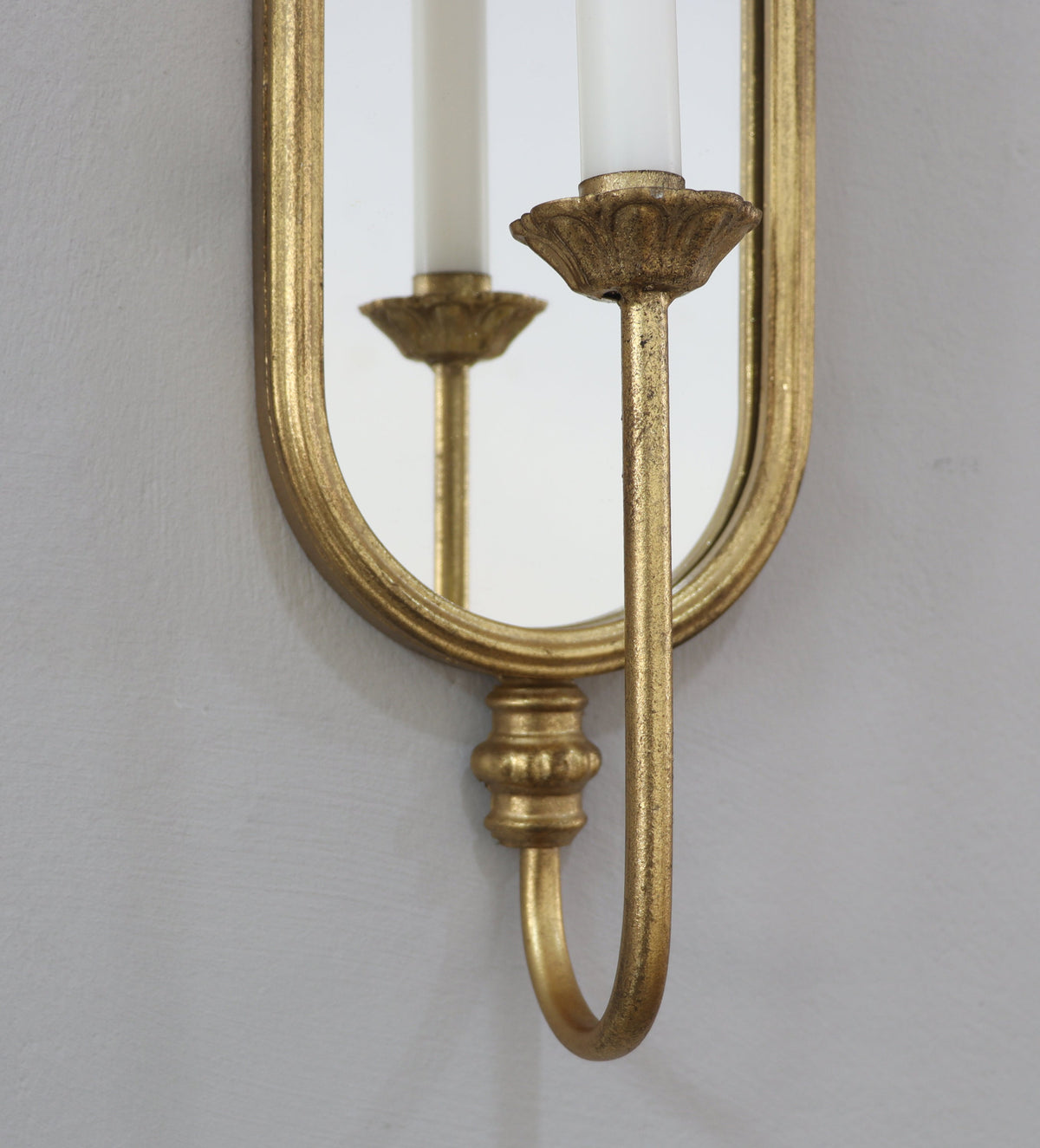 Set of 2 Gold Mirrored Wall Sconces with Iron Candle Holders