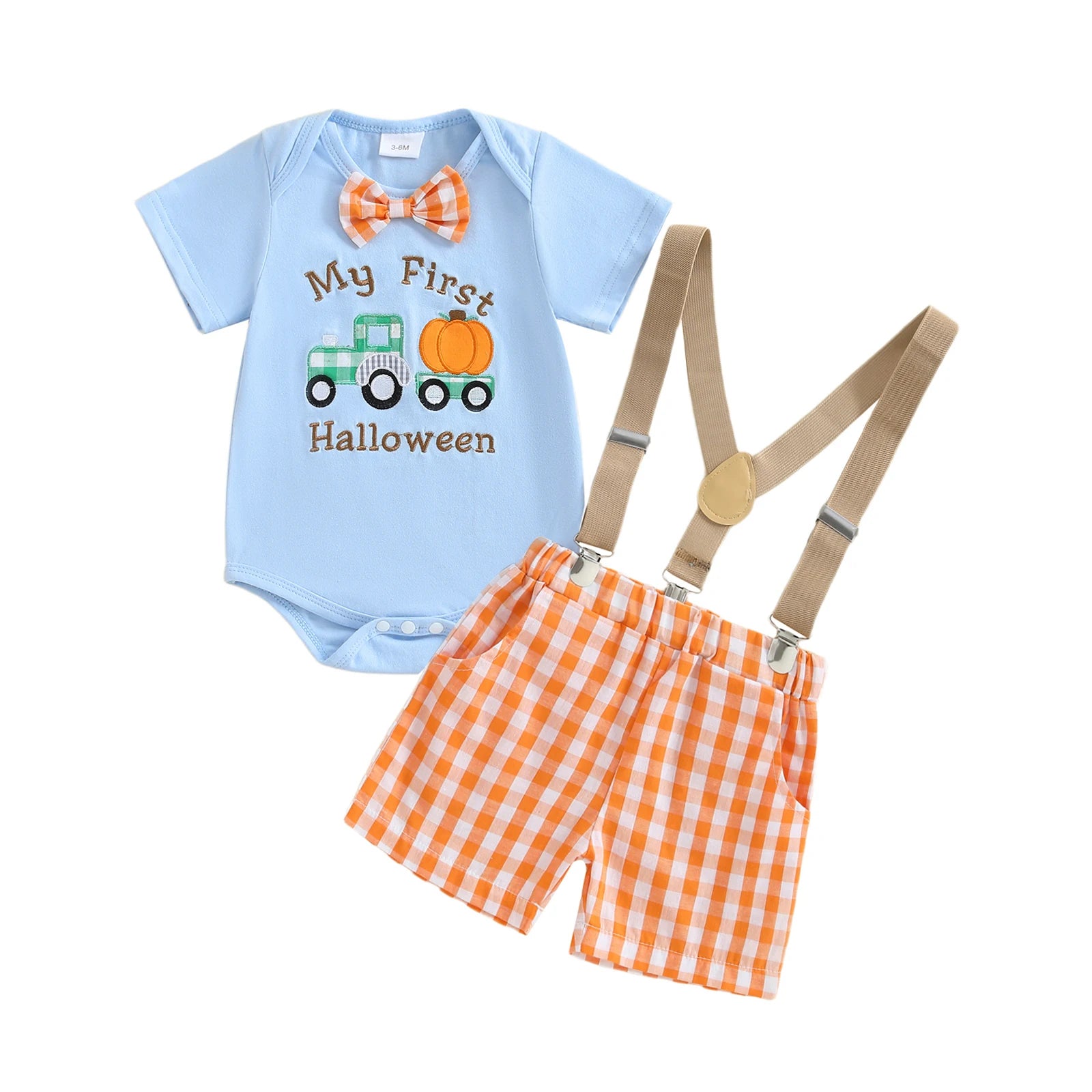 Cute Toddler Halloween Costume Pumpkin Patchwork Long Sleeve Romper with Checkered Suspenders Pants 2 Piece Set for Boys