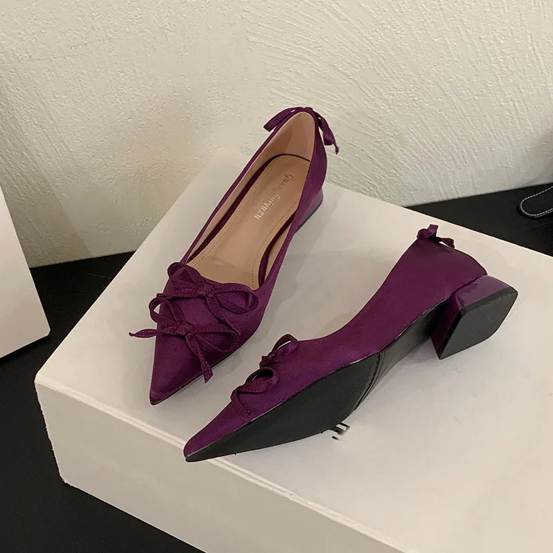Butterfly-Knot Fashion Pointed Toe Ladies Heels Pumps Shoes 2025 New Silk Female Slip On Footwear Shallow Women Low Heel Shoes