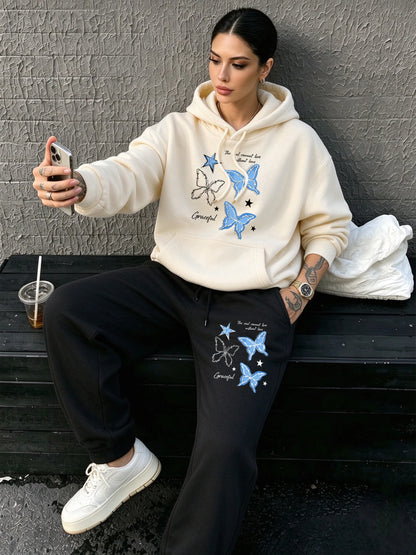 Blue Butterfly Star Printed Womens Pocket Jogging Hoodie Set Street Loose Sweatpants Fleece Casual Clothing Sports Pullover