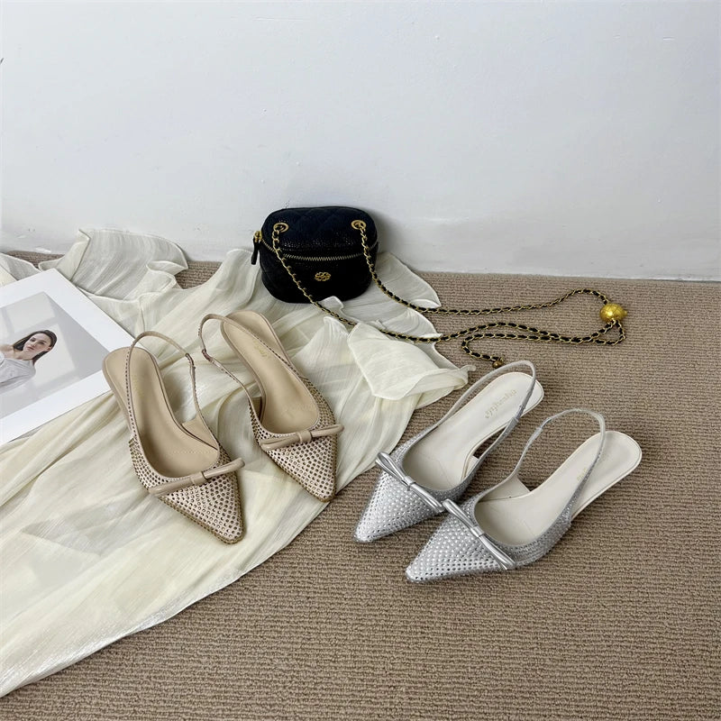 Eilyken Designer Silk CRYSTAL Pumps Women Sexy Pointed Toe Low Thin Heels Wedding Banquet Dress Mule Elegant Ladies Shoes