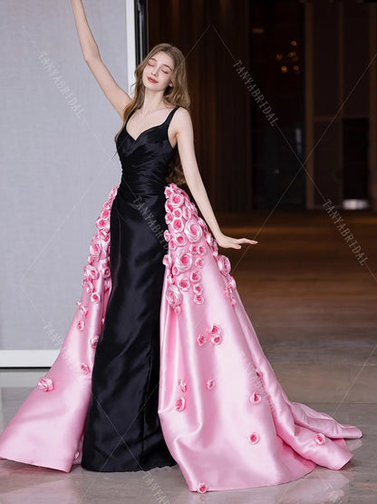 Spaghetti Straps Satin Mermaid Wedding Dress With Detachable 3D Flowers Long Train Elegant Backless Bridal Party Dress TSWD453