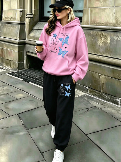 Blue Butterfly Star Printed Womens Pocket Jogging Hoodie Set Street Loose Sweatpants Fleece Casual Clothing Sports Pullover