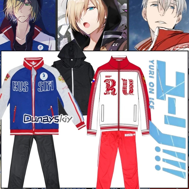 Anime Yuri Plisetsky Victor Nikiforov Cosplay 코스프레 Red Blue Coat Jacket Pants Anime Unisex Halloween Sportswear for Women Men
