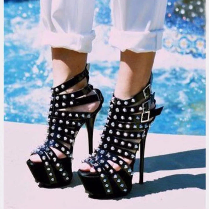 2025 New Summer Platform High Heels Sandals Women Sexy Peep Toe Pumps Fashion Rivet Decoration Ladies Party Pole Dance Shoes