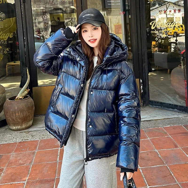 2025New Winter Jacket Women Parka Fashion Hooded Thick Warm Glossy Down Cotton Coat Parkas Female Casual Outwear Overcoat Ladies