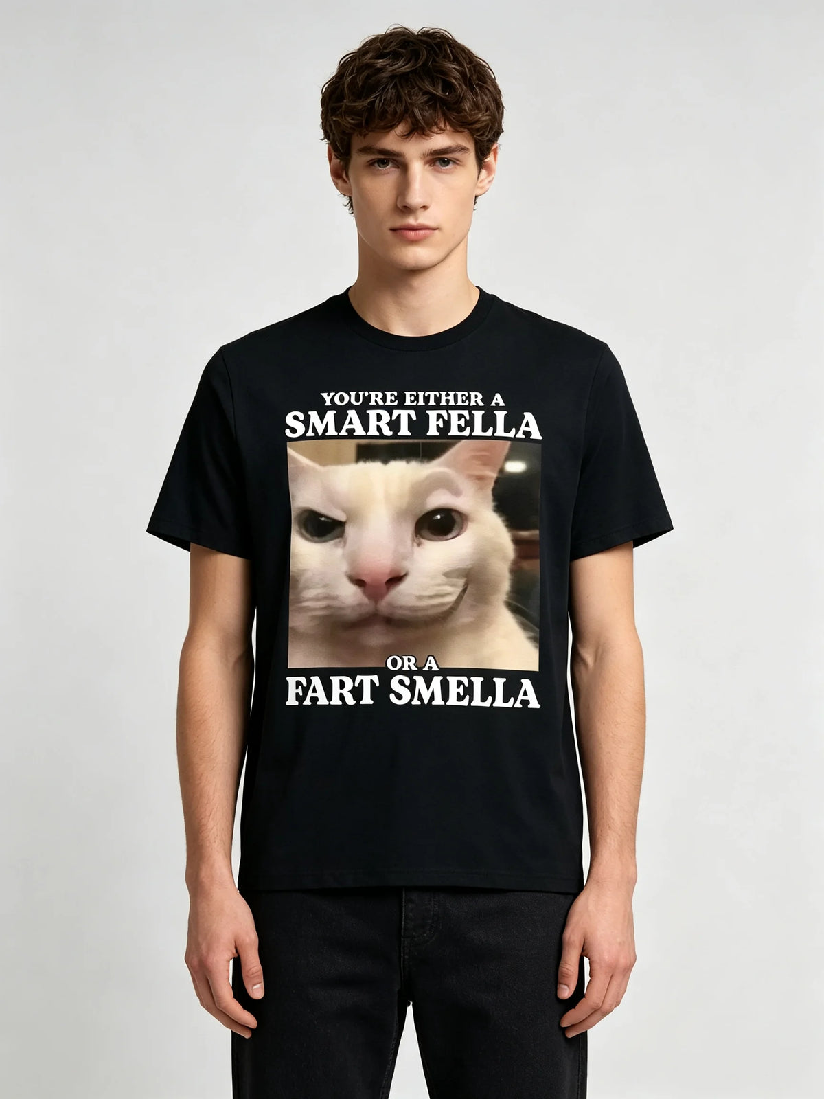Funny Cat Meme T-Shirt "You're Either A Smart Fella Or A Fart Smella", Cotton Casual Streetwear Tee, Regular Fit Round Neck Short Sleeve All-Season Top