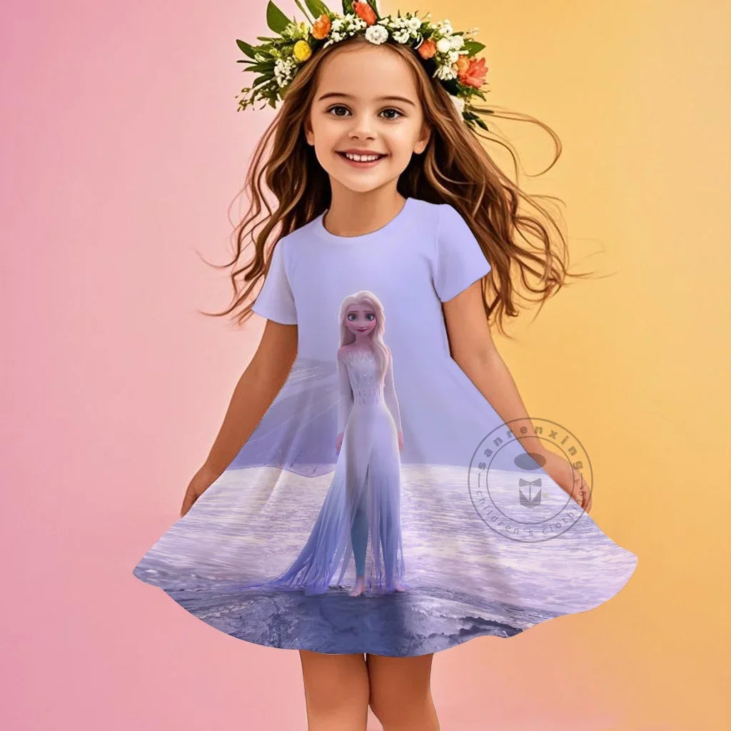 2025 Children Short-Sleeved Dress Cute Princess Series Elsa 3D Print Skirt Summer Baby Girl Clothes Original Brand Clothing