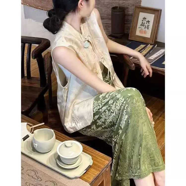 Women's Vest Skirt Set Light Luxury High End Green Half Skirt Two Piece Set New Chinese Traditional Clothing