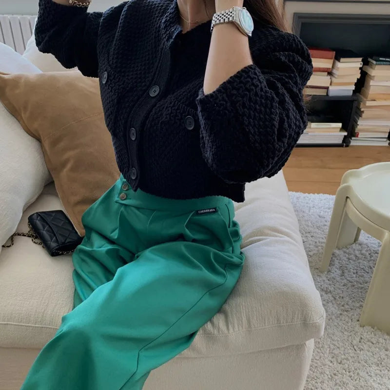 Elegant O Neck Cardigan Knitted Women Short Sweater Coat Pockets Autumn Long Sleeve Loose Spring Korean Versatile Crop Jacket