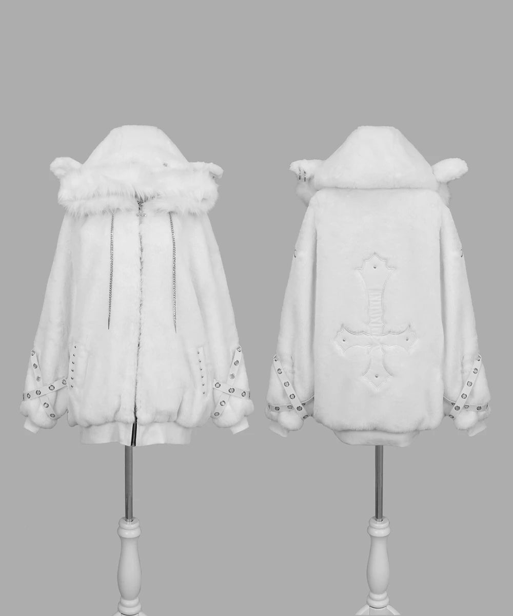 Japanese Mine Series Riveted Cross Sheep Ear Hooded Jacket Winter New Goth Punk Dark Girls Imitation Fur Plush Coat Women