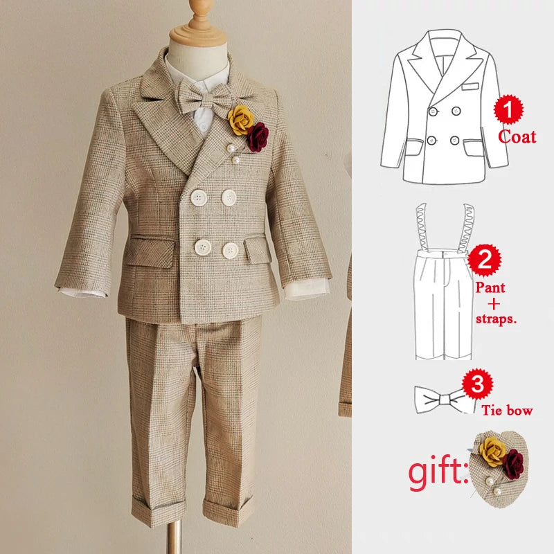 Boys Formal Plaid Suit khaki Baby Daptism Dress Set Child Wedding Birthday Party Photography Costume Kids Clothes High quality