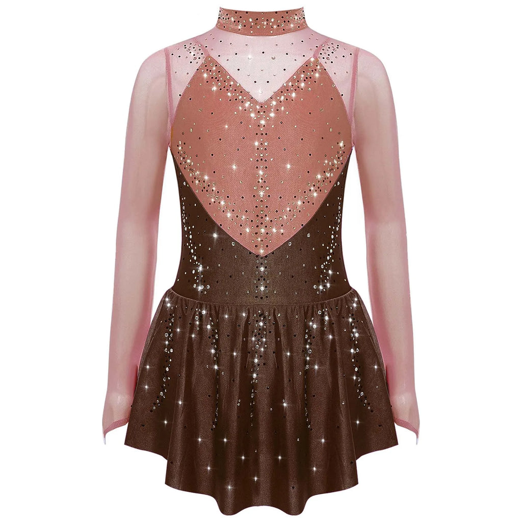 Kids Girls Figure Skating Dance Dress Ballet Lyrical Princess Costume Long Sleeve Color Block Mesh Rhinestones Leotard Dress