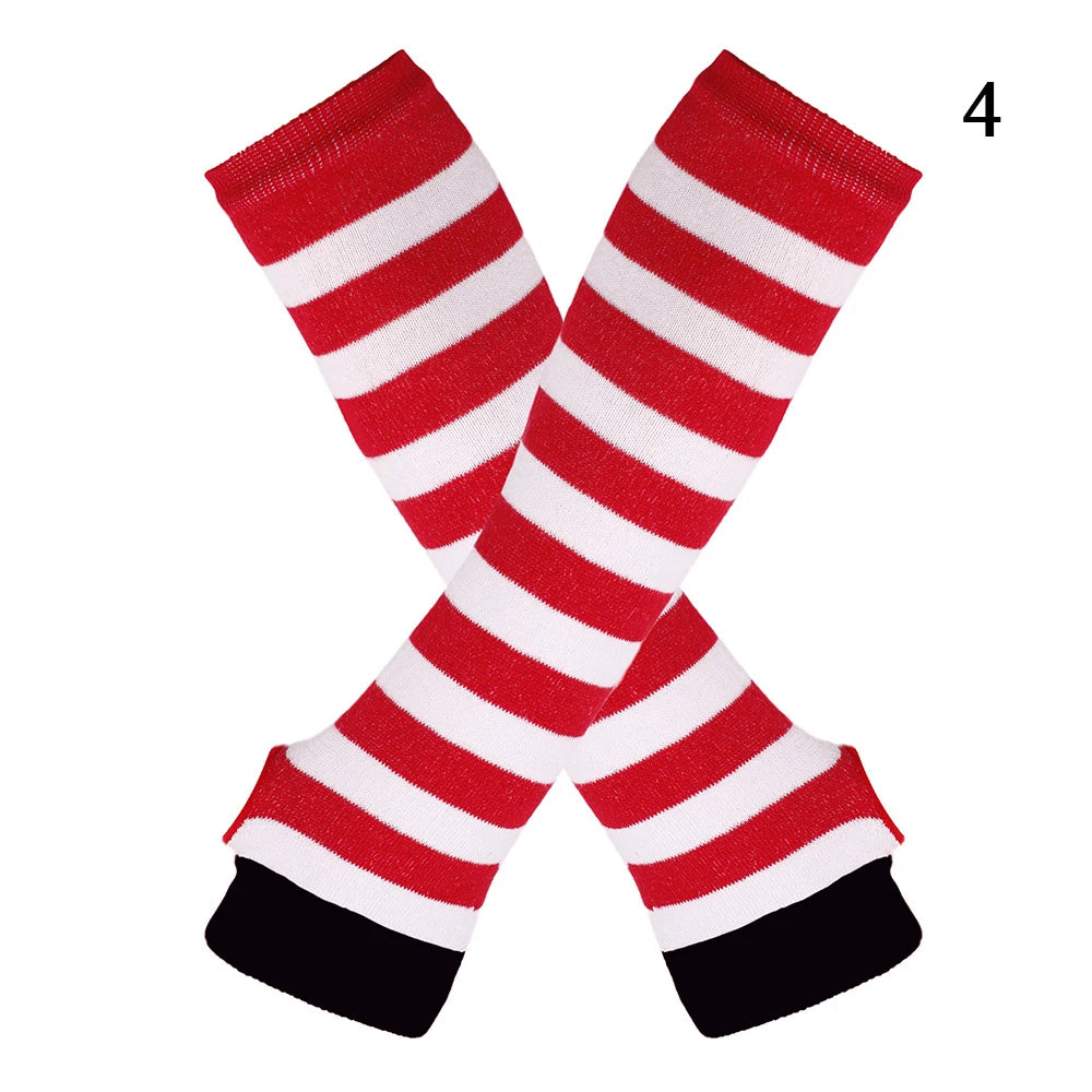 Macaroon Color Striped Long Sleeves Fashion Punk Long Fingerless Gloves For Women Men Outdoor Christmas Ornament  Arm Warmer