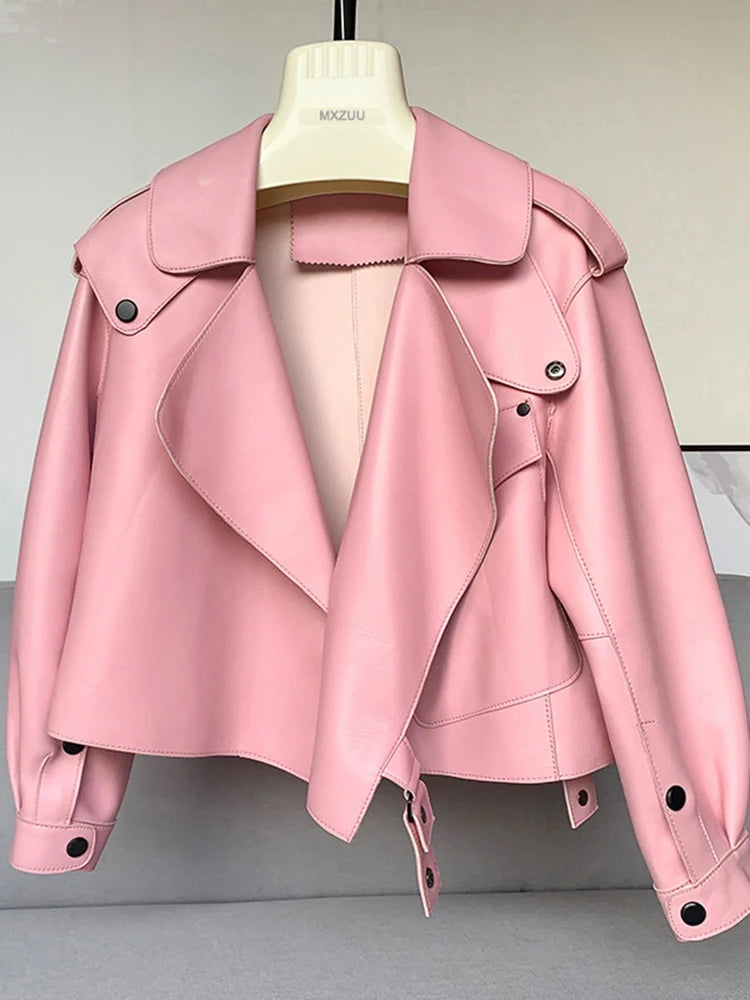 Women's Sheepskin Coat Plus Size Short Loose Veste Femme Large Lapel Pocket Gray/Dark Green/Pink/Khaki Locomotive Leather Jacket