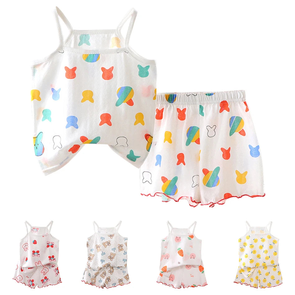 Summer Girls Sleeveless Children's Pajamas Sets Strap Sleepwear Pants Skirt Thin Kids Baby Loungewear Set Children's Top Clothes
