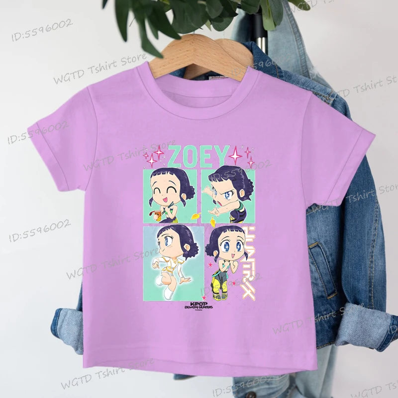 KPop Demon Hunters Zoey Printed T-shirt Kids New Cartoon Soft Cotton Baby Girls T Shirt Tops K-Pop Cotton Toddler Girl Clothes