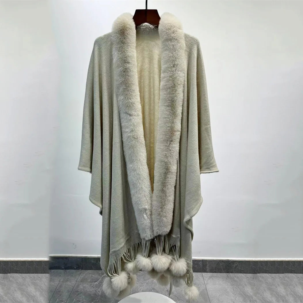 Winter Faux Rabbit Fur Ball Cloak Warm Thick Poncho Shawl Coat Women Big Pendulum Outer Wear Cardigan Long Pompon Cape