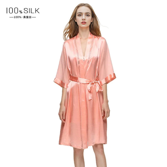 Midi Silk Nightgown 100% Mulberry Silk Sheer Lace Robe Sexy Nightwear Bathrobe Morning Gown Half Sleeves Satin Robes Lingerie