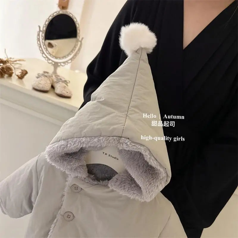 Girls Coat 2025 Autumn and Winter New Childrens Clothing Korean Girl Baby Plus Velvet and Thick Warm Pure Color Cotton Clothes