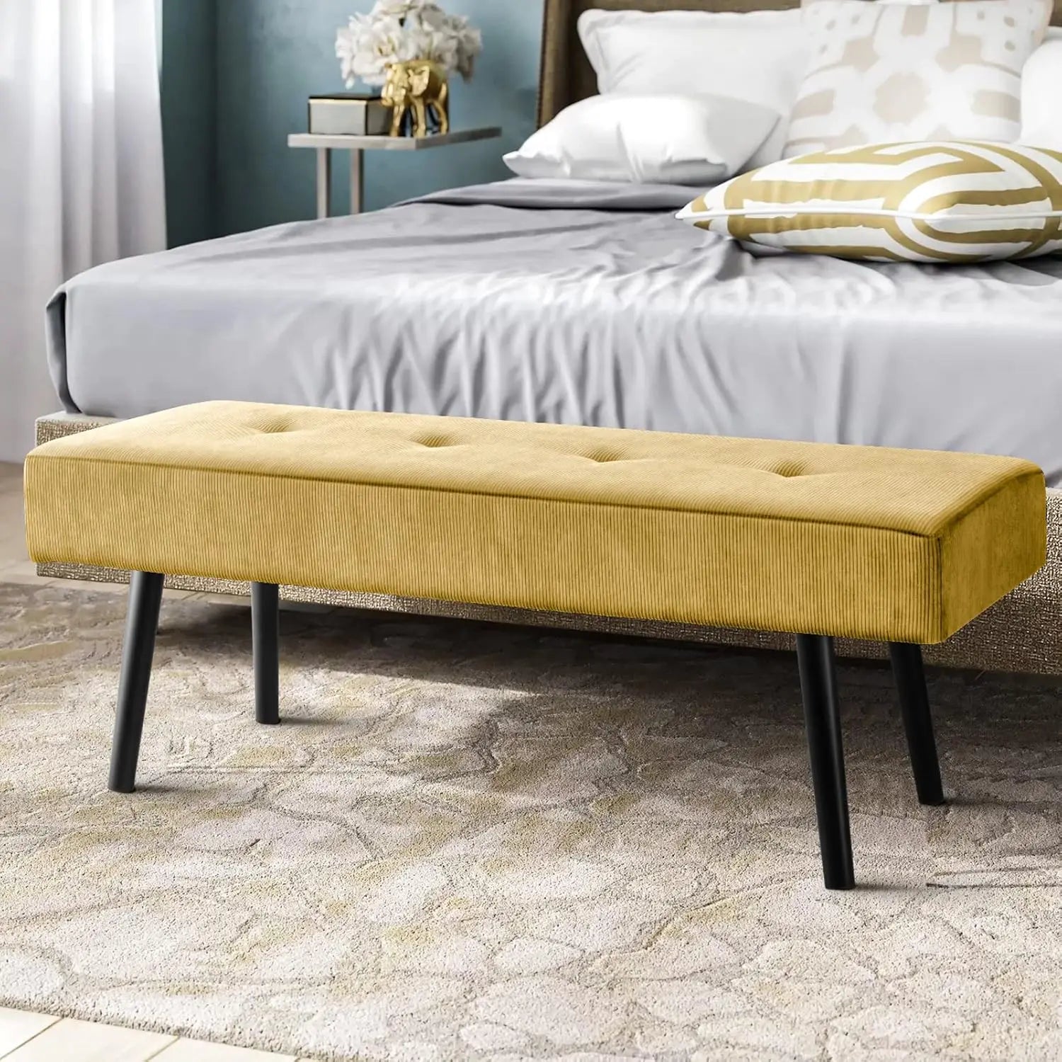 Modern Corduroy Entryway Bench Green Ottoman End of Bed Organizer Padded Seating for Bedroom Living Room Foyer