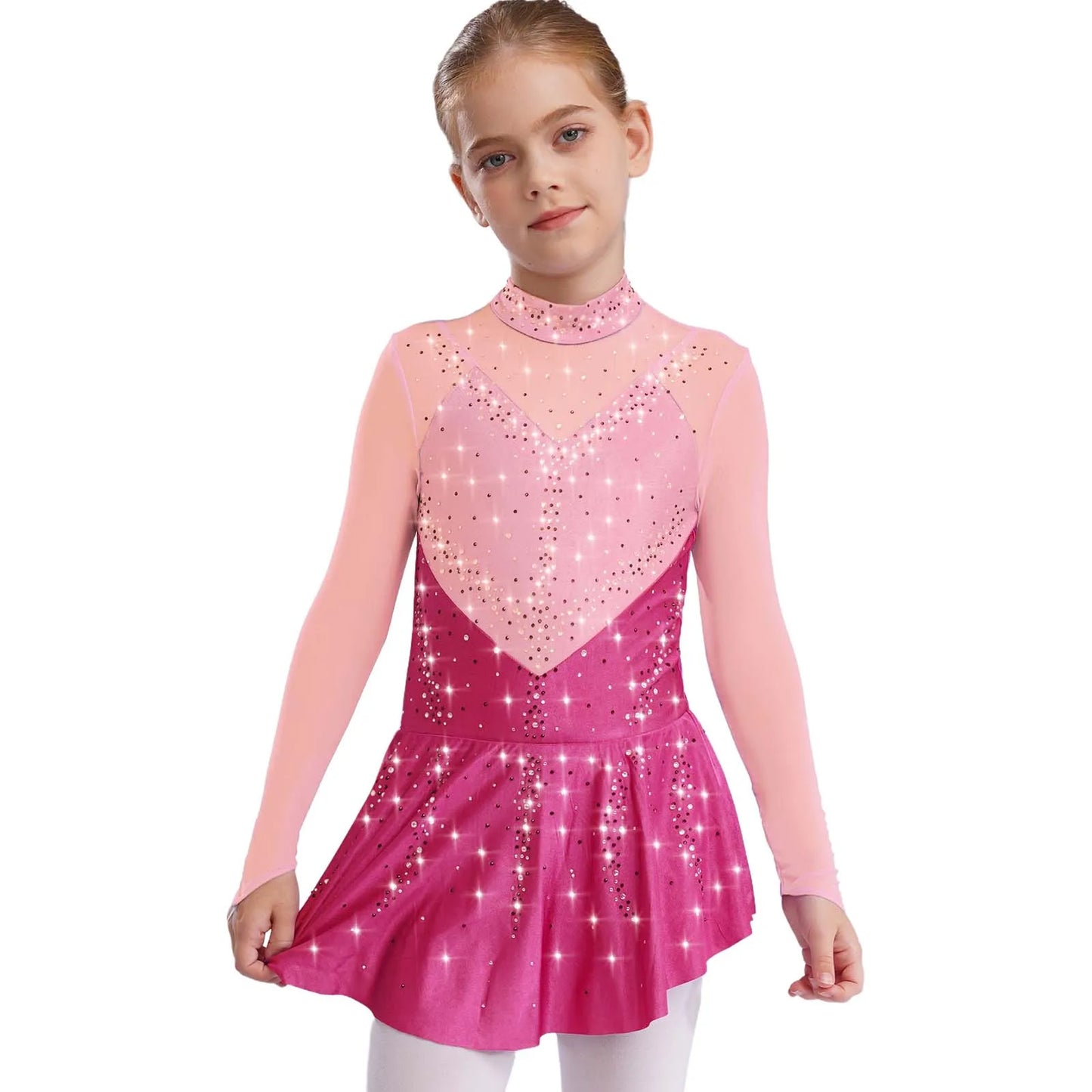Kids Girls Figure Skating Dance Dress Ballet Lyrical Princess Costume Long Sleeve Color Block Mesh Rhinestones Leotard Dress