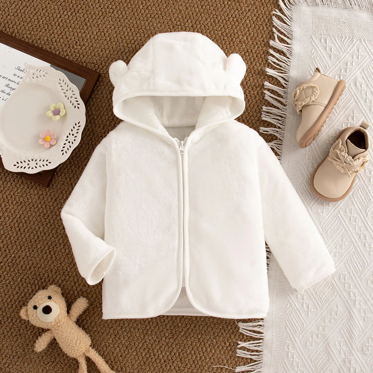 Autumn Winter Baby Girl Plush Coat Simple Zipper Hooded Long Sleeved Cotton Coat Girl Outward Keep Warm Clothes