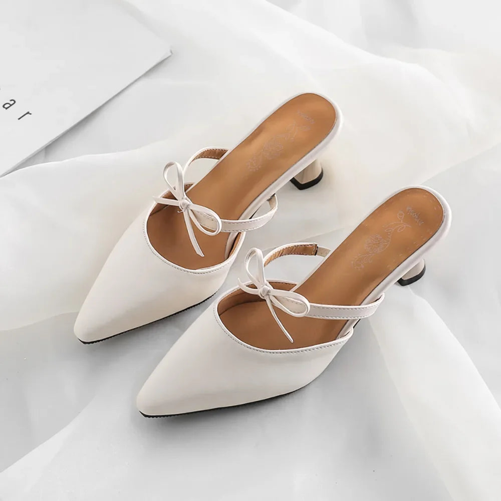 New Summer Fashion Black Apricot Women Causal Mules Pointed Toe High Heel Lady Nude Shoes Plus Big Small Size 31 43 46