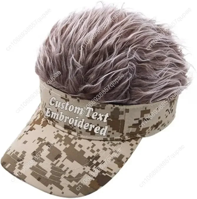 Custom Text Personalized Embroidered Novelty Hair Visor Cap Wig Peaked Adjustable Baseball Hat with Spiked Hair