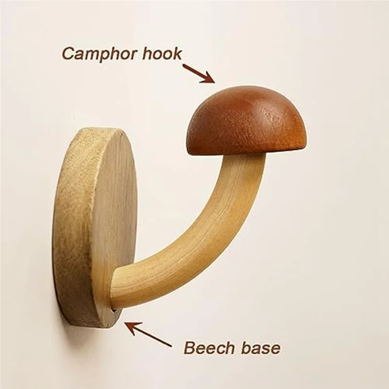 A26F-4PCS Fun Wooden Mushroom Coat Hook Non-Perforated Solid Wood Hook Kitchen Bathroom Cloakroom Door Hook Wooden