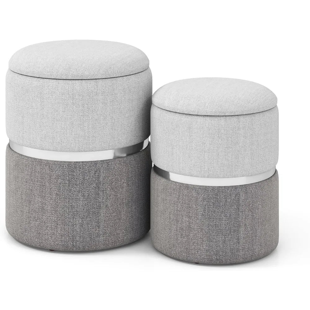Storage Ottoman Set of 2, Modern Round Ottoman with Storage, Upholstered Linen Fabric Footrest with Sliver Hoop, Vanity
