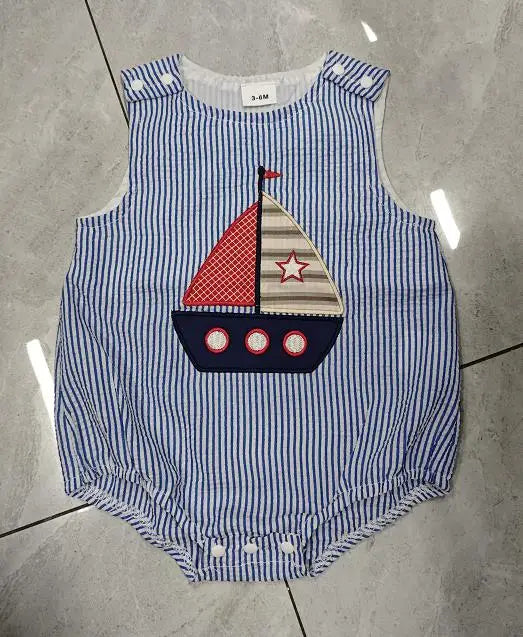 Baby Boy Striped Overalls Romper Sailboat Embroidered Sleeveless Bodysuit Cute Summer Clothes