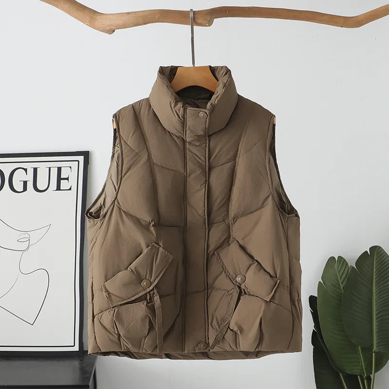 Plus Size Women Down Vest Winter New Loose Oblique Pocket Standing Collar 50% White Duck Down Warm Sleeveless Coat 1317