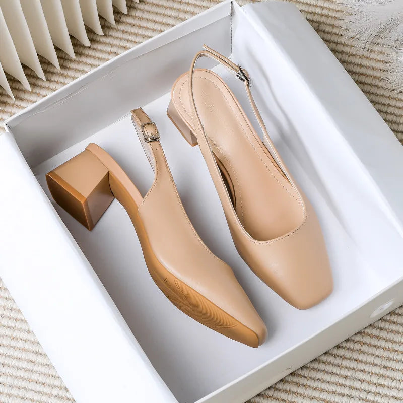 Oulylan Women Trendy Buckle Strap Sandals Plus Size Thick Heeled Slipper Summer Square-toed High Heels Elegant Pure Color Sandal