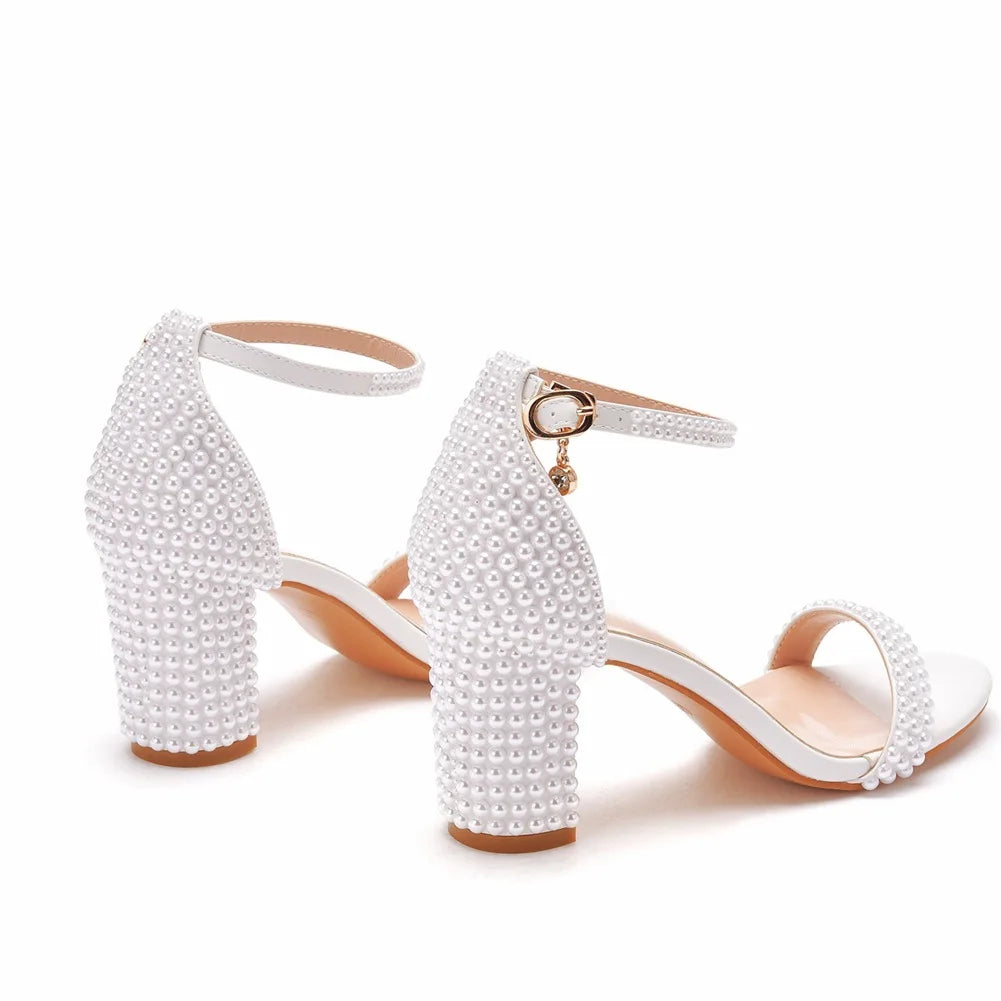 2025 New Women's White Pearl Wedding High Heel Sandals Elegant Footwear for Brides