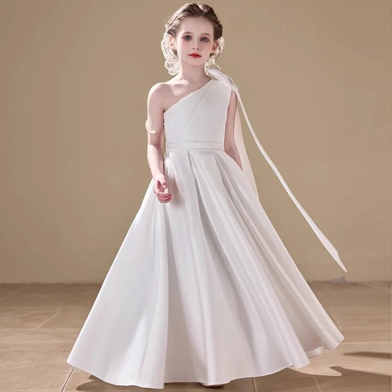 Fashion Baby Girl Princess Bow Satin One Shoulder Long Dress Child Elegant Vestido Wedding Party Birthday Baby Clothes 1-14Y