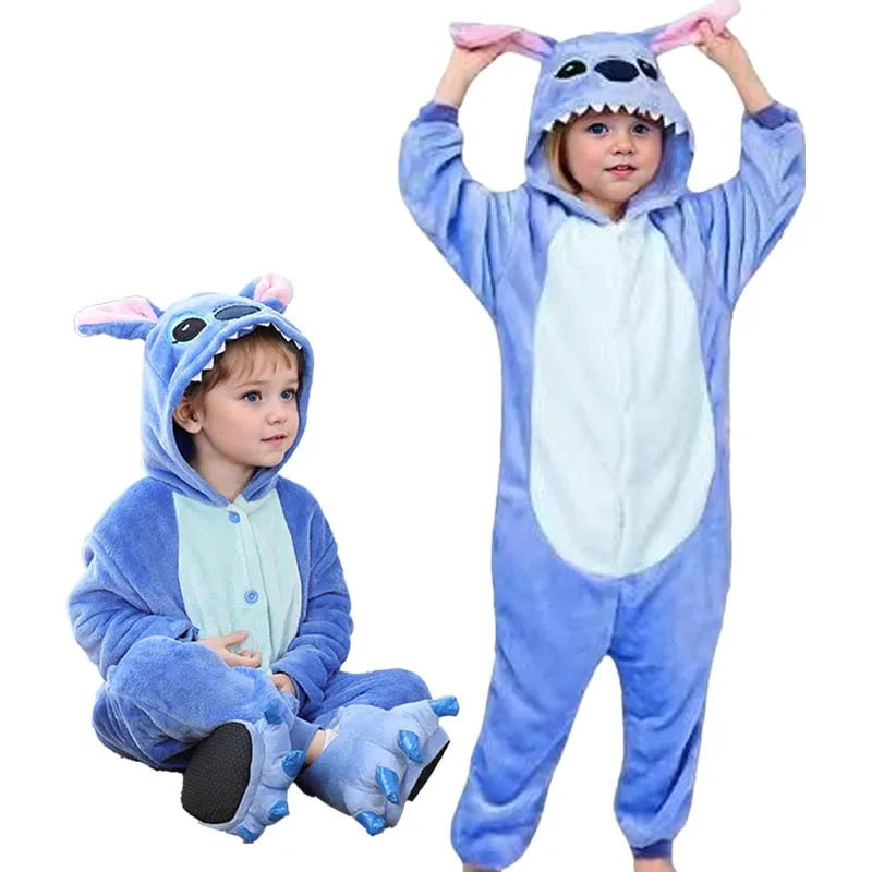 Stitch Jumpsuit Pajamas Set Kids Cartoon Cute Flannel Hooded Sleepwear Shoes Winter Warm Costume Boy Girl Pyjamas Christmas Gift
