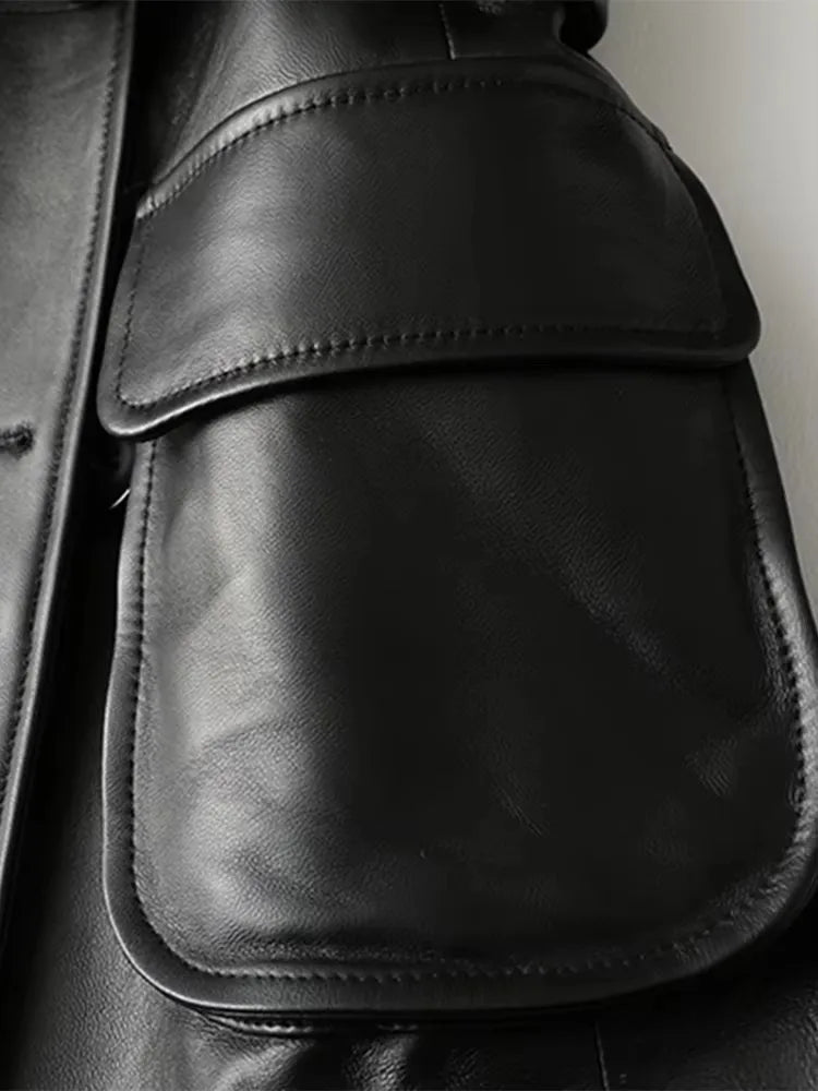 Mauroicardi Spring Autumn Black Pu Leather Blazer Jacket Women Three-dimensional Pockets  Double Breasted Luxury Clothes 2025