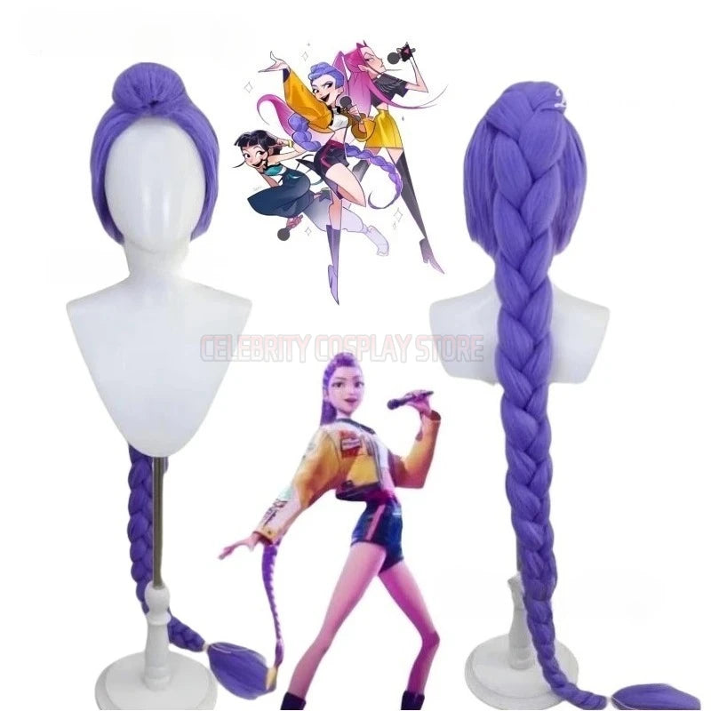 2025 Movie K-Pop Rumi Demon Hunters Stage Lumi Mira Zoe Cosplay Purple Long Wig Braid Hair Hallowen Girl Group Idol