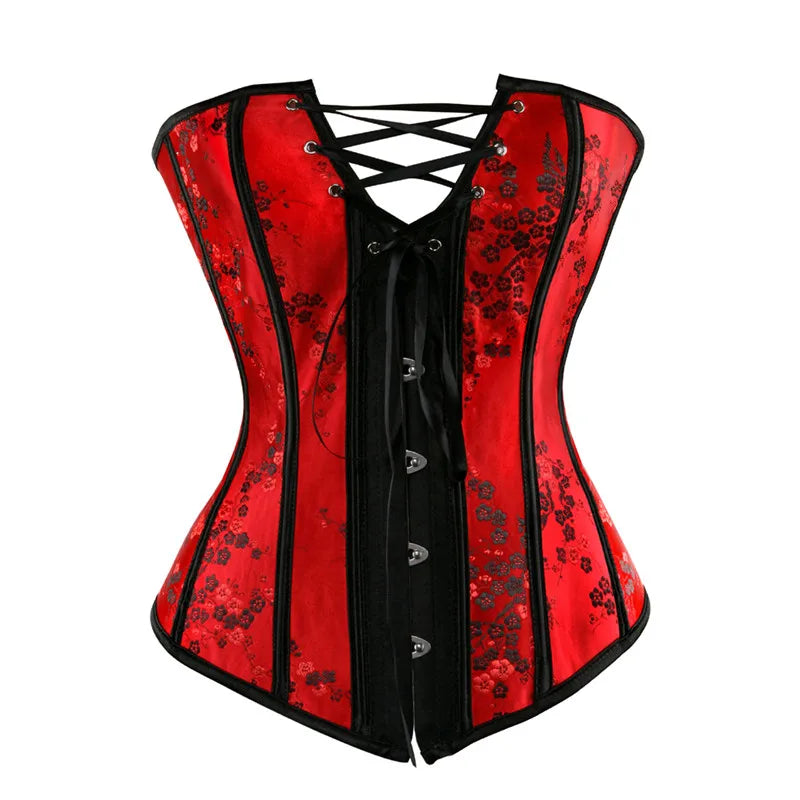 Corset Top Bustier Halter Strap Plus Size Embroidery Flower Lace UP Overbust Burlesque Costume Sexy Lingerie Women Red Black